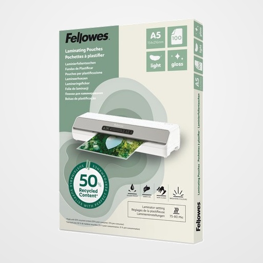FUNDA PLASTIFICAR FELLOWES BRILLO 154x216 (A5) 80µ 50% RECICLADO PAQUETE de 100
