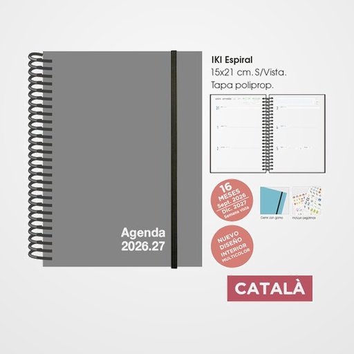 AGENDA ANUAL (2026-27) SENFORT CATALAN 16 MESES IKI UNICOLOR ESPIRAL tapa PP con GOMA 155x215 S/V GRIS