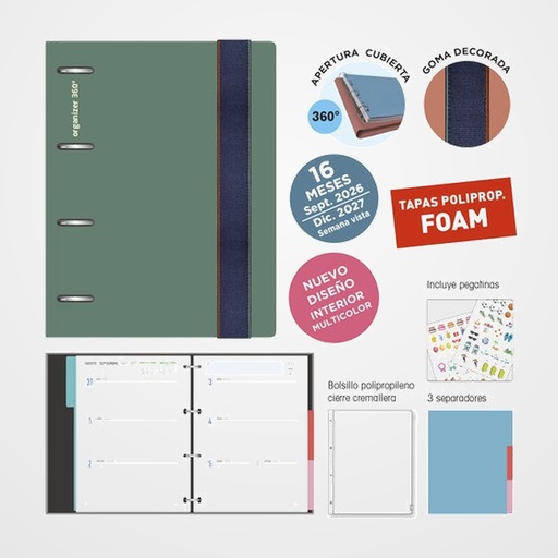 AGENDA ANUAL (2026-27) SENFORT 16 MESES IKI FOAM ANILLAS tapa PP con GOMA 180x220 S/V VERDE