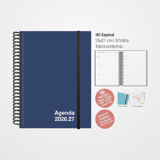 AGENDA ANUAL (2026-27) SENFORT 16 MESES IKI UNICOLOR ESPIRAL tapa PP con GOMA 155x215 S/V AZUL