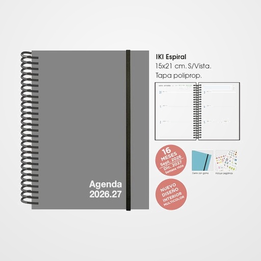 AGENDA ANUAL (2026-27) SENFORT 16 MESES IKI UNICOLOR ESPIRAL tapa PP con GOMA 155x215 S/V GRIS