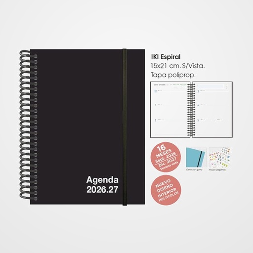 AGENDA ANUAL (2026-27) SENFORT 16 MESES IKI UNICOLOR ESPIRAL tapa PP con GOMA 155x215 S/V NEGRO