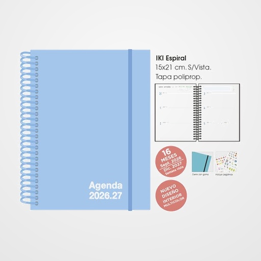 AGENDA ANUAL (2026-27) SENFORT 16 MESES IKI UNICOLOR ESPIRAL tapa PP con GOMA 155x215 S/V PASTEL AZUL