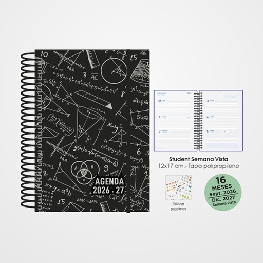 AGENDA ANUAL (2026-27) SENFORT 16 MESES STUDENT DECORADA ESPIRAL tapa PP con GOMA 120x170 S/V MATHS NEGRO