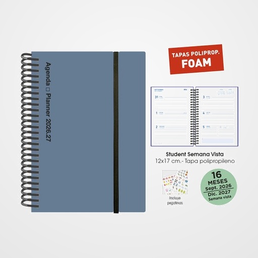 AGENDA ANUAL (2026-27) SENFORT 16 MESES STUDENT FOAM ESPIRAL tapa PP con GOMA 120x170 S/V PLOMO