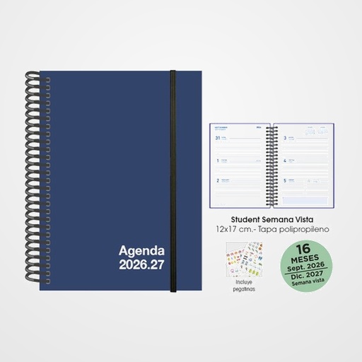 AGENDA ANUAL (2026-27) SENFORT 16 MESES STUDENT UNICOLOR ESPIRAL tapa PP con GOMA 120x170 S/V AZUL