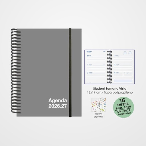AGENDA ANUAL (2026-27) SENFORT 16 MESES STUDENT UNICOLOR ESPIRAL tapa PP con GOMA 120x170 S/V GRIS