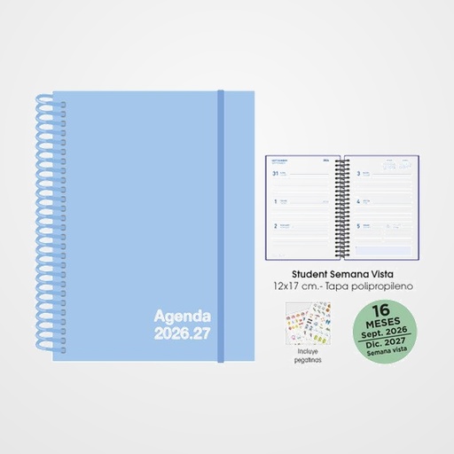 AGENDA ANUAL (2026-27) SENFORT 16 MESES STUDENT UNICOLOR ESPIRAL tapa PP con GOMA 120x170 S/V PASTEL AZUL