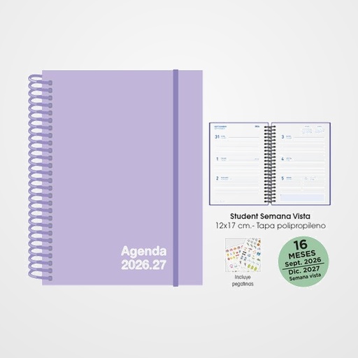 AGENDA ANUAL (2026-27) SENFORT 16 MESES STUDENT UNICOLOR ESPIRAL tapa PP con GOMA 120x170 S/V PASTEL LILA