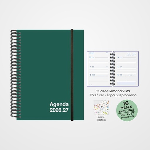 AGENDA ANUAL (2026-27) SENFORT 16 MESES STUDENT UNICOLOR ESPIRAL tapa PP con GOMA 120x170 S/V VERDE
