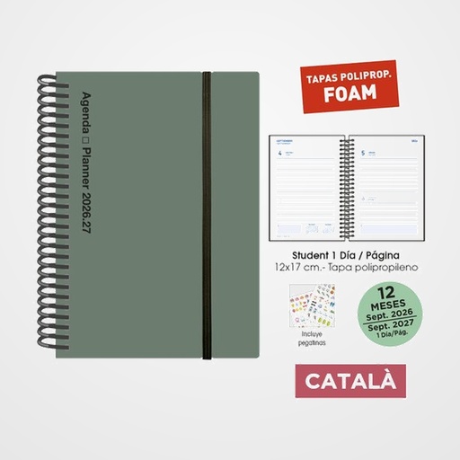 AGENDA ESCOLAR (2026-27) SENFORT CATALAN STUDENT FOAM ESPIRAL tapa PP con GOMA 120x170 D/P VERDE