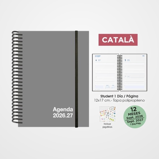 AGENDA ESCOLAR (2026-27) SENFORT CATALAN STUDENT UNICOLOR ESPIRAL tapa PP con GOMA 120x170 D/P GRIS