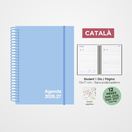 AGENDA ESCOLAR (2026-27) SENFORT CATALAN STUDENT UNICOLOR ESPIRAL tapa PP con GOMA 120x170 D/P PASTEL AZUL