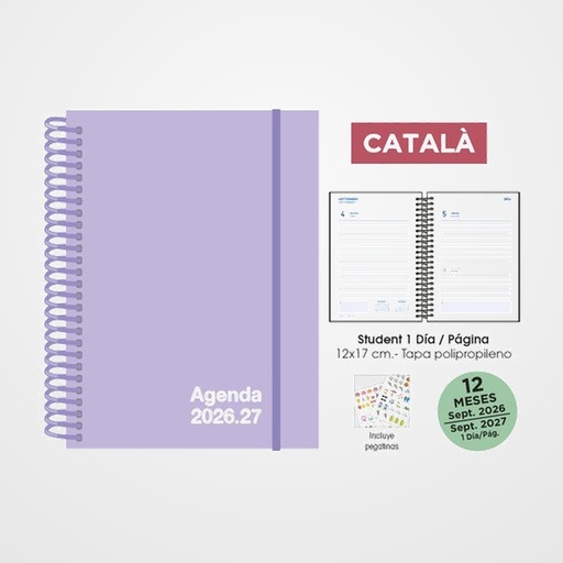 AGENDA ESCOLAR (2026-27) SENFORT CATALAN STUDENT UNICOLOR ESPIRAL tapa PP con GOMA 120x170 D/P PASTEL LILA