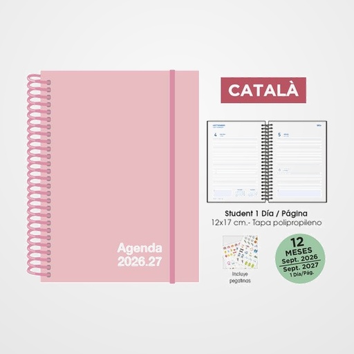 AGENDA ESCOLAR (2026-27) SENFORT CATALAN STUDENT UNICOLOR ESPIRAL tapa PP con GOMA 120x170 D/P PASTEL ROSA