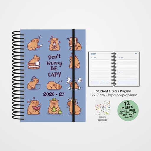 AGENDA ESCOLAR (2026-27) SENFORT STUDENT DECORADA ESPIRAL tapa PP con GOMA 120x170 D/P CAPIBARA