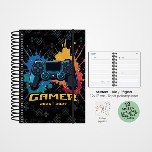 AGENDA ESCOLAR (2026-27) SENFORT STUDENT DECORADA ESPIRAL tapa PP con GOMA 120x170 D/P GAMER NEGRO