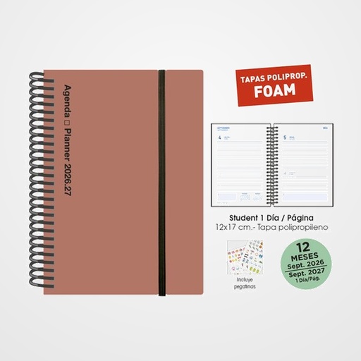 AGENDA ESCOLAR (2026-27) SENFORT STUDENT FOAM ESPIRAL tapa PP con GOMA 120x170 D/P SIENA