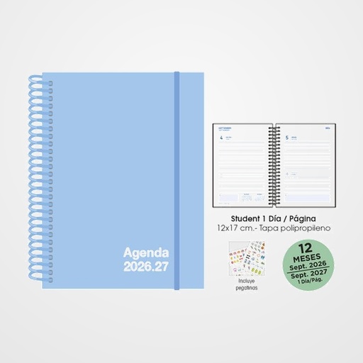 AGENDA ESCOLAR (2026-27) SENFORT STUDENT UNICOLOR ESPIRAL tapa PP con GOMA 120x170 D/P PASTEL AZUL