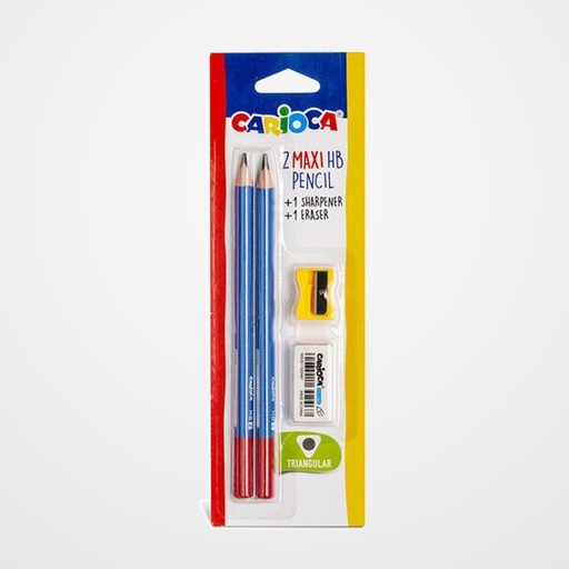 LAPIZ de GRAFITO CARIOCA MAXI TRIANGULAR - HB BLISTER de 2 (con afilalapiz y goma de borrar)