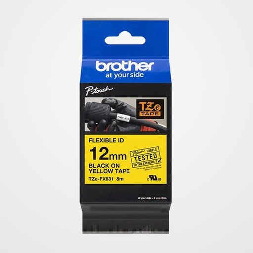 CINTA de ROTULAR BROTHER LAMINADA FLEXIBLE 8m 12mm AMARILLO sobre NEGRO