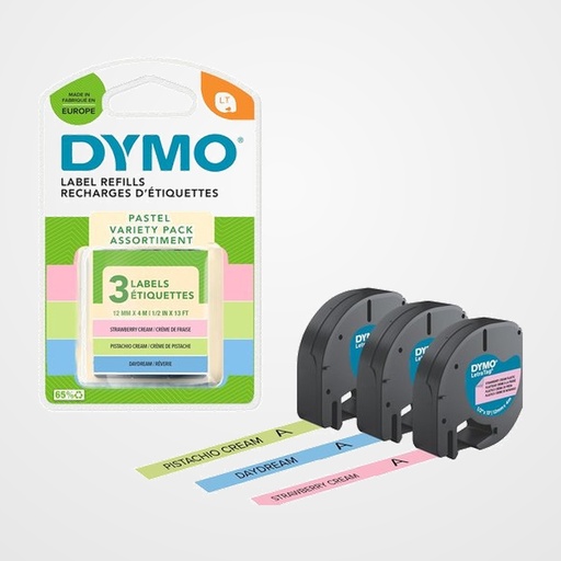 CINTA de ROTULAR DYMO LETRATAG PLASTICO 4m 12mm PASTEL BLISTER de 3 (verde pistacho, azul claro y rosa)