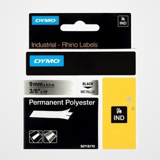 CINTA DE ROTULAR DYMO RHINO ID1 POLIESTER PERMANENTE 9mm x 5,5m NEGRO sobre PLATA (18485)