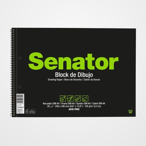 BLOC DE DIBUJO SENATOR POLIPROPILENO CON ESPIRAL LISO con RECUADRO 2 TALADROS Fº PROLONGADO 150g 20h
