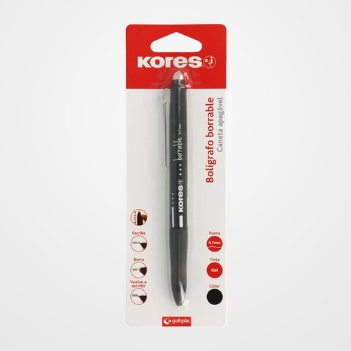 BOLIGRAFO BORRABLE KORES GEL RETRACTIL NEGRO BLISTER