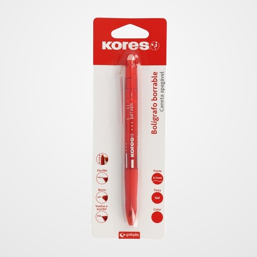 BOLIGRAFO BORRABLE KORES GEL RETRACTIL ROJO BLISTER