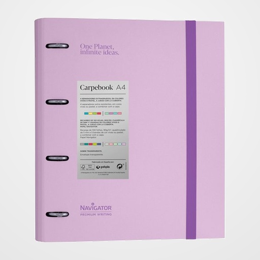 CARPEBLOC NAVIGATOR CARTON FORRADO A4 4 an.MIXTAS 35mm con REC.100 hj. LAVANDA SOFT