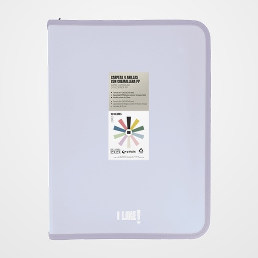 CARPETA de ANILLAS GRAFOPLAS LIKE 3 PP A4+ 4 an.MIXTAS 25mm CON CREMALLERA LAVANDA SOFT