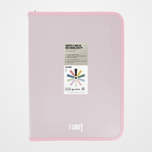 CARPETA de ANILLAS GRAFOPLAS LIKE 3 PP A4+ 4 an.MIXTAS 25mm CON CREMALLERA ROSA SOFT