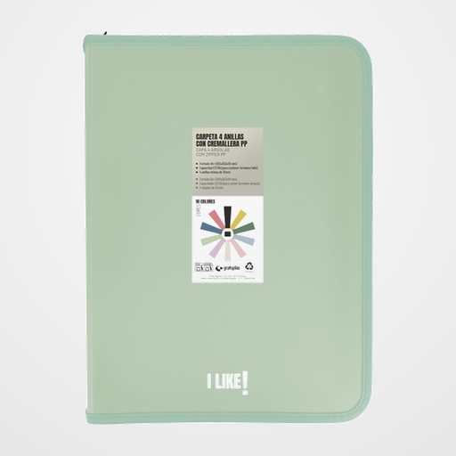 CARPETA de ANILLAS GRAFOPLAS LIKE 3 PP A4+ 4 an.MIXTAS 25mm CON CREMALLERA VERDE CLARO