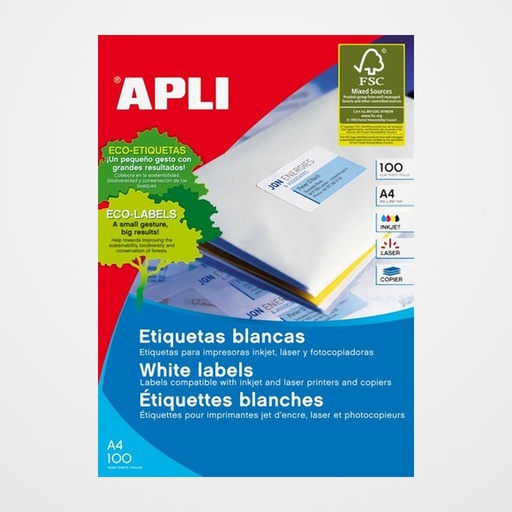 ETIQUETAS ADH.IMPR.APLI A4 COLOR VERDE C.RECTOS BLISTER 100h  70x37 mm 2400 uds.(11837)