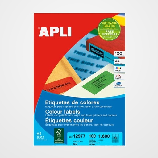 ETIQUETAS ADH.IMPR.APLI A4 COLOR VERDE C.RECTOS CAJA 100h 105x37 mm 1.600 uds.(12979)