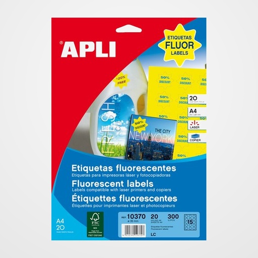 ETIQUETAS ADH.IMPR.APLI A4 FLUOR AMARILLO LS-CP FLASH(estrellas) BLISTER 20h Ø 35 mm 300 uds.(10370)