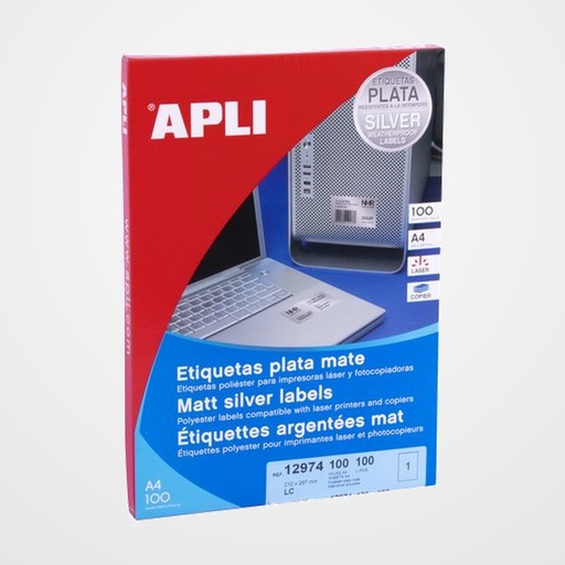 ETIQUETAS ADH.IMPR.APLI A4 METALIZADAS 100h PLATA 210x297 mm (12974)