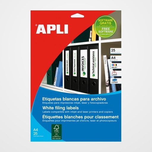 ETIQUETAS ADH.IMPR.APLI A4 para ARCHIVO C.ROMOS BLISTER 25h BLANCA 190x38 mm 175 uds.(01232)