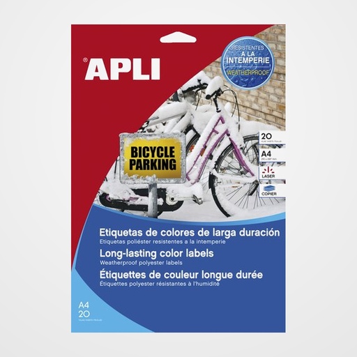 ETIQUETAS ADH.IMPR.APLI A4 POLYESTER MATE RESISTENTE INTEMPERIE LS-CP BLISTER 20h AMARILLO 210x297 mm C.RECTOS 20 uds.(12877)