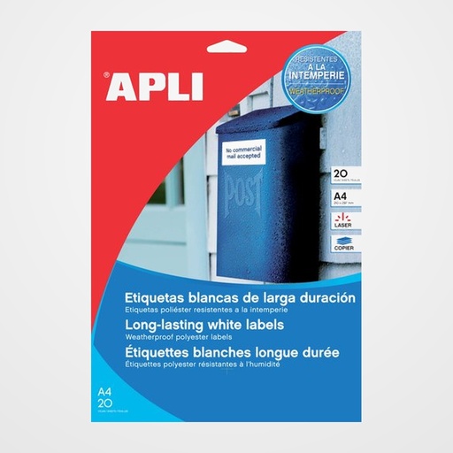 ETIQUETAS ADH.IMPR.APLI A4 POLYESTER MATE RESISTENTE INTEMPERIE LS-CP BLISTER 20h BLANCO  99,1x67,7 mm C.ROMOS 160 uds.(15087)