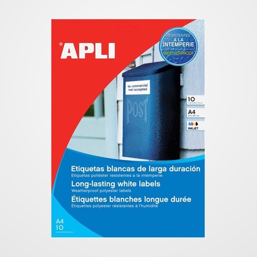 ETIQUETAS ADH.IMPR.APLI A4 POLYESTER RESISTENTE INTEMPERIE INKJET BLISTER 10h BLANCO  63,5x33,9 mm C.ROMOS 240 uds.(16683)