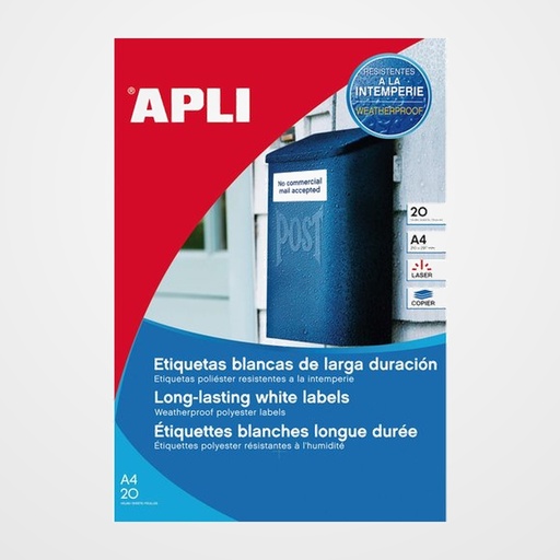 ETIQUETAS ADH.IMPR.APLI A4 POLYESTER RESISTENTE INTEMPERIE LASER BLISTER 20h BLANCO  199,6x143,5 mm C.ROMOS 40 uds.(16682)