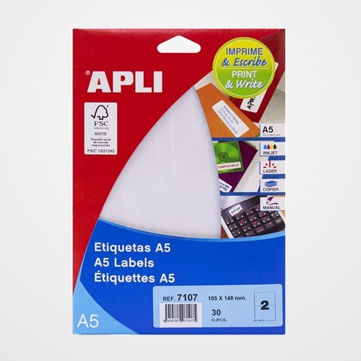 ETIQUETAS ADH.IMPR.APLI A5 BLANCA C.RECTOS BLISTER 15h 105x148 mm 30 uds.(07107)