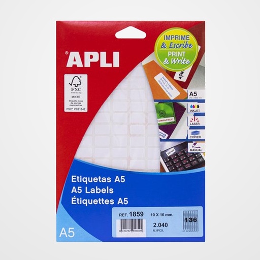 ETIQUETAS ADH.IMPR.APLI A5 BLANCA C.ROMOS BLISTER 15h 10x16 mm 2.040 uds.(01859)