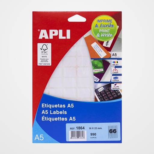 ETIQUETAS ADH.IMPR.APLI A5 BLANCA C.ROMOS BLISTER 15h 16x22 mm 990 uds.(01864)