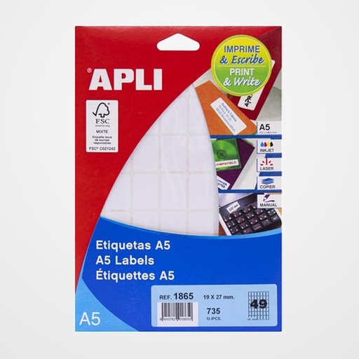ETIQUETAS ADH.IMPR.APLI A5 BLANCA C.ROMOS BLISTER 15h 19x27 mm 735 uds.(01865)