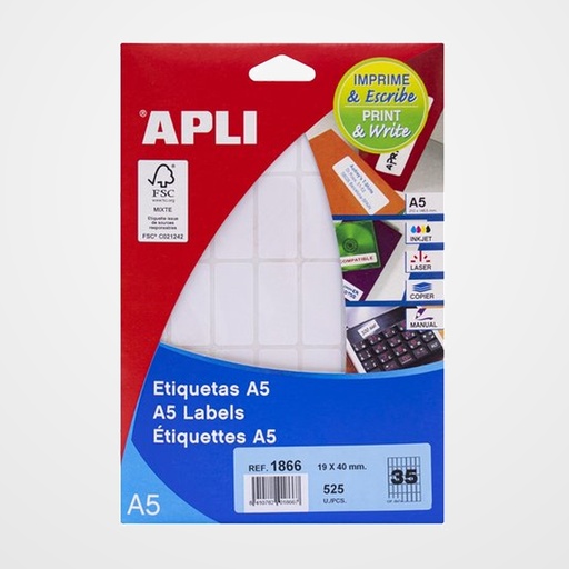 ETIQUETAS ADH.IMPR.APLI A5 BLANCA C.ROMOS BLISTER 15h 19x40 mm 525 uds.(01866)