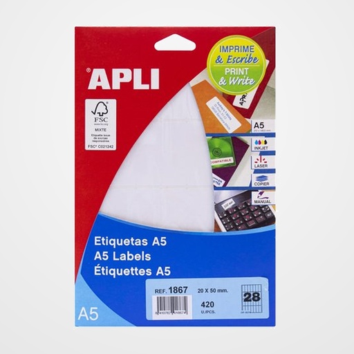ETIQUETAS ADH.IMPR.APLI A5 BLANCA C.ROMOS BLISTER 15h 20x50 mm 420 uds.(01867)