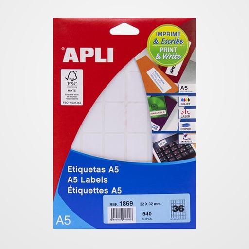 ETIQUETAS ADH.IMPR.APLI A5 BLANCA C.ROMOS BLISTER 15h 22x32 mm 540 uds.(01869)